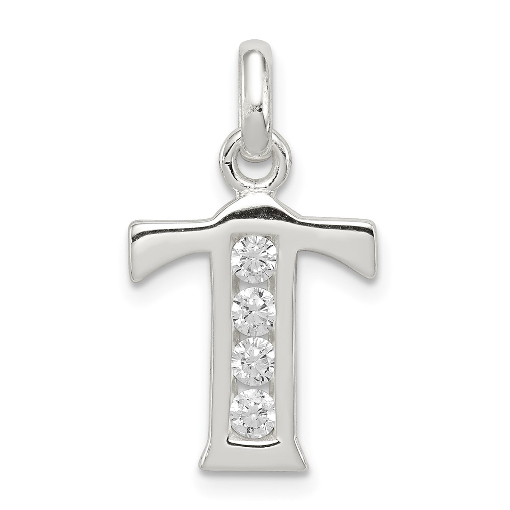 QC6716T.jpg Sterling Silver White CZ Letter T Initial Pendant - Image 1