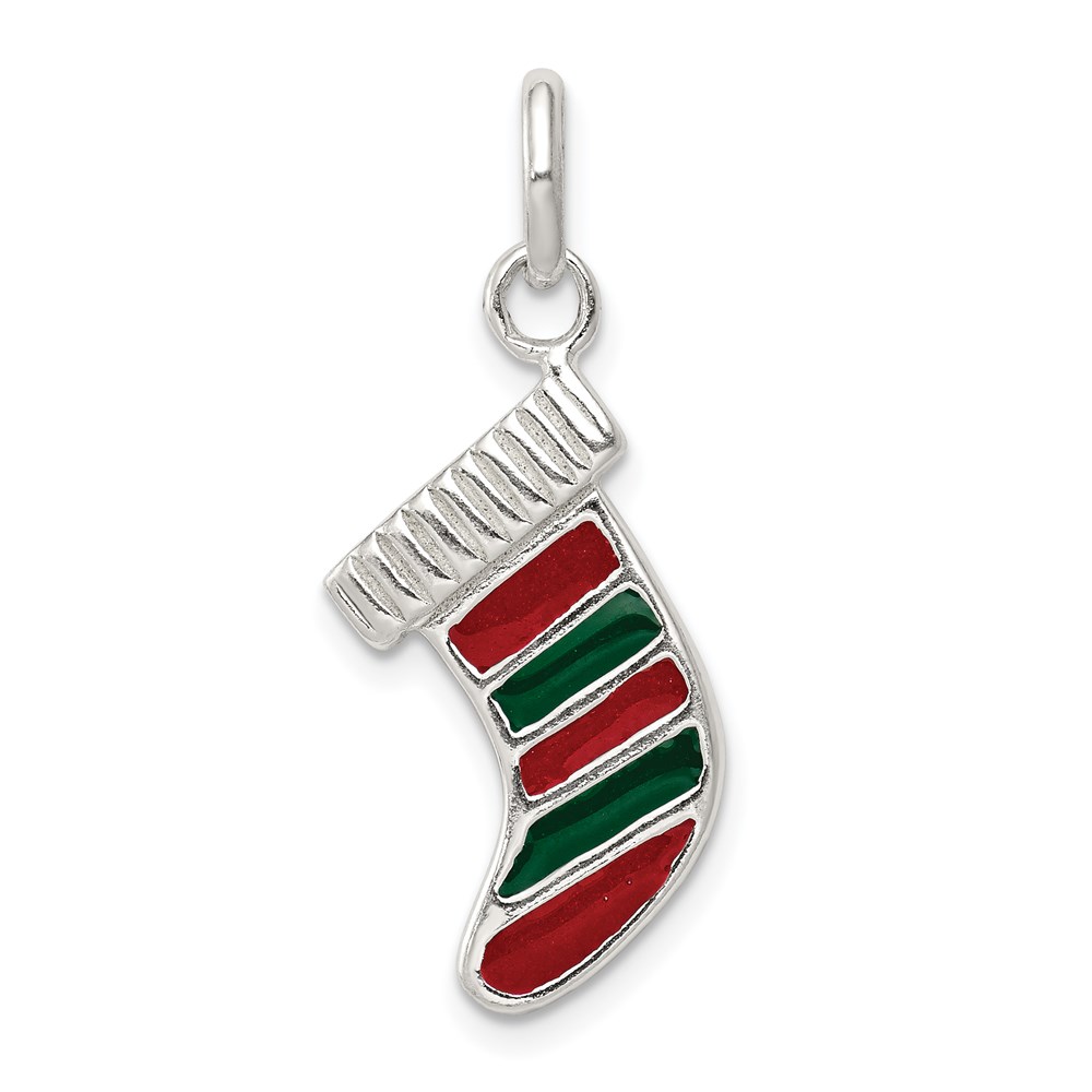 QC6874.jpg Sterling Silver Enameled Christmas Stocking Charm - Image 1