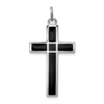 Sterling Silver Platinum-plated Brushed & Polished Enml Black Cross Pendant