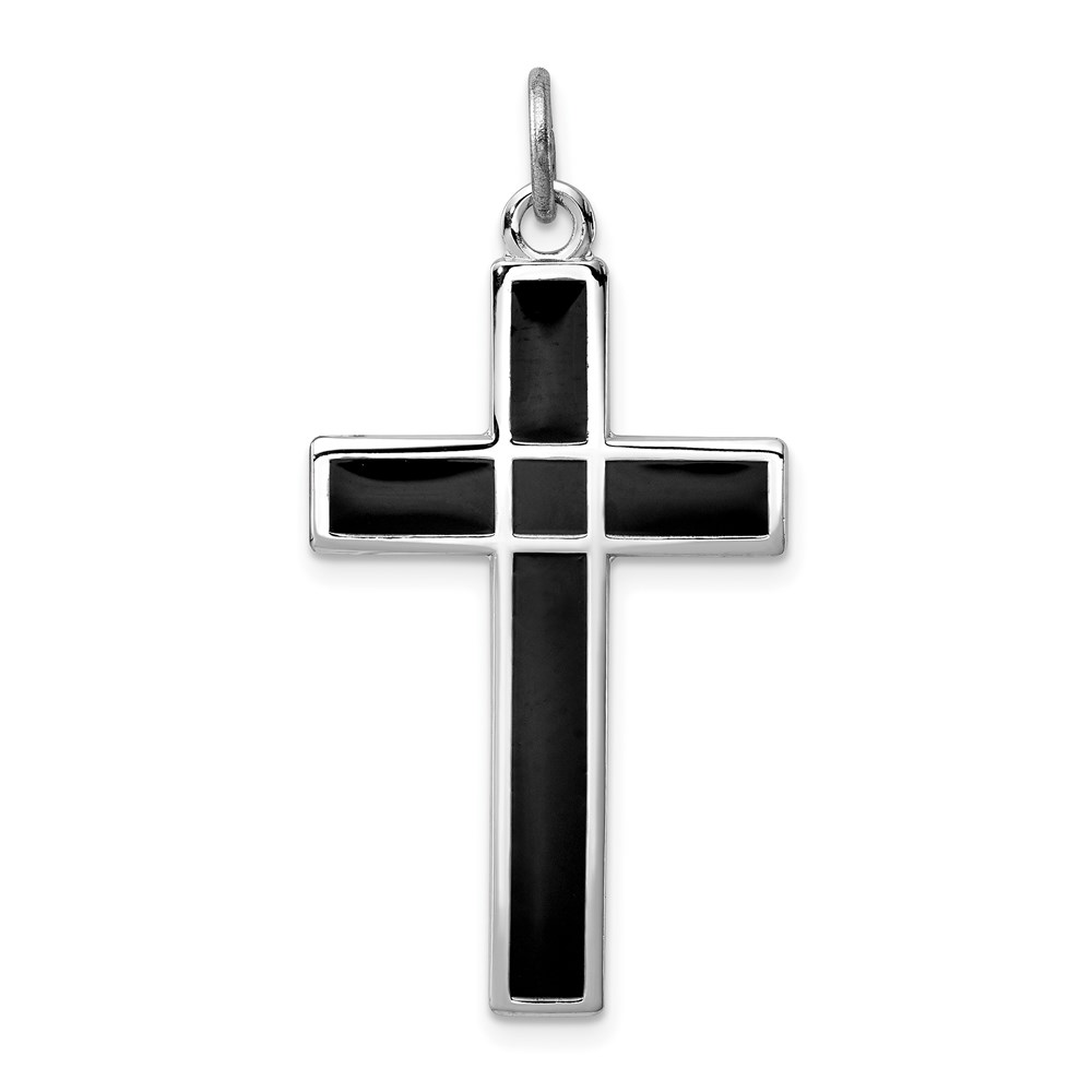 QC7218.jpg Sterling Silver Platinum-plated Brushed & Polished Enml Black Cross Pendant - Image 1