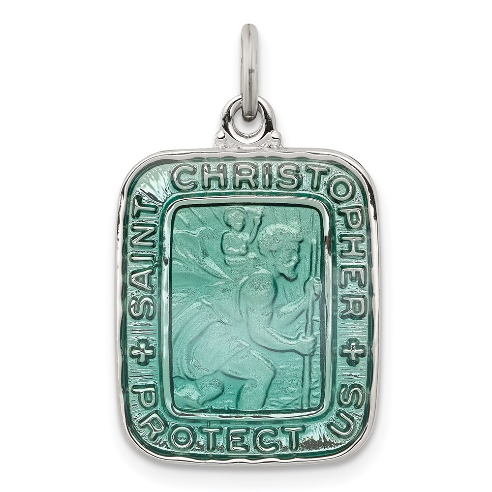 QC7375.jpg Sterling Silver Teal Enamel Square St. Christopher Medal Pendant - Image 1