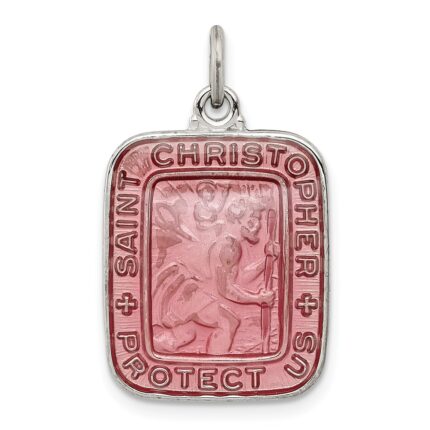 Sterling Silver Pink Enamel Square St. Christopher Medal Pendant