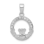 Sterling Silver Rhodium Plated CZ Claddagh Pendant