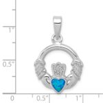 Sterling Silver Rhodium-plated Lab Created Blue Opal Inlay Claddagh Pendant - Image 3