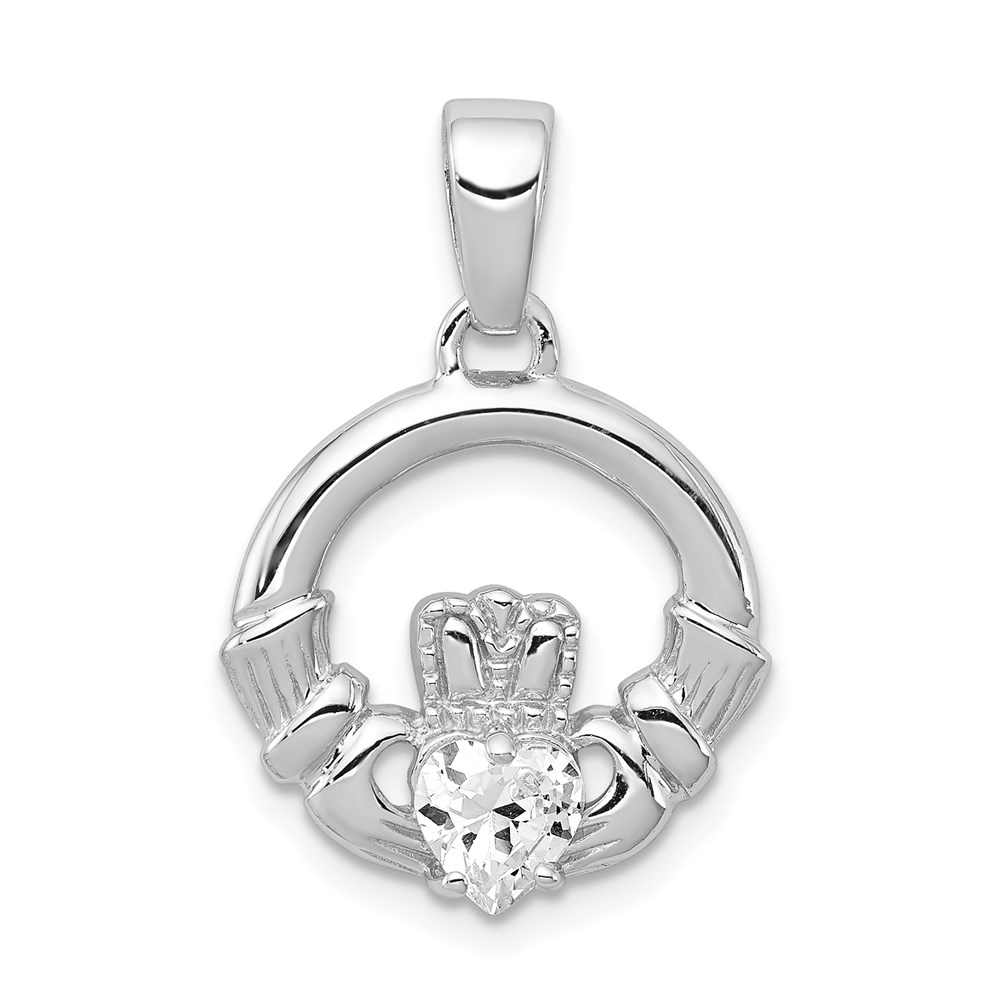 QC7624.jpg Sterling Silver Rhodium Plated CZ Claddagh Pendant - Image 1