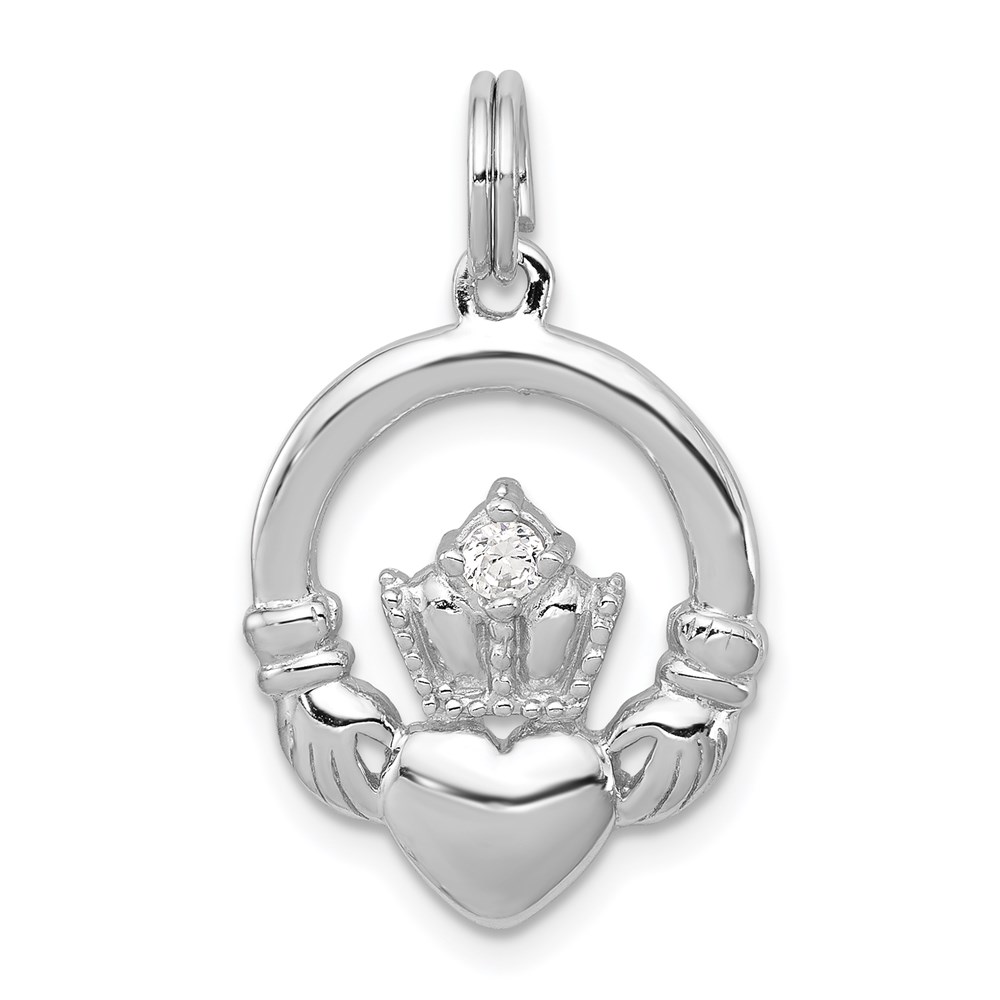 QC7625.jpg Sterling Silver Rhodium-plated CZ Irish Claddagh Pendant - Image 1