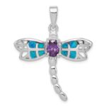 Sterling Silver Rhod plated Creat. Opal Dragonfly Amethyst Pendant