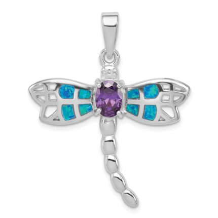 Sterling Silver Rhod plated Creat. Opal Dragonfly Amethyst Pendant