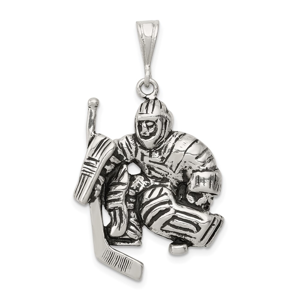 QC7818.jpg Sterling Silver Antiqued Hockey Player Charm - Image 1