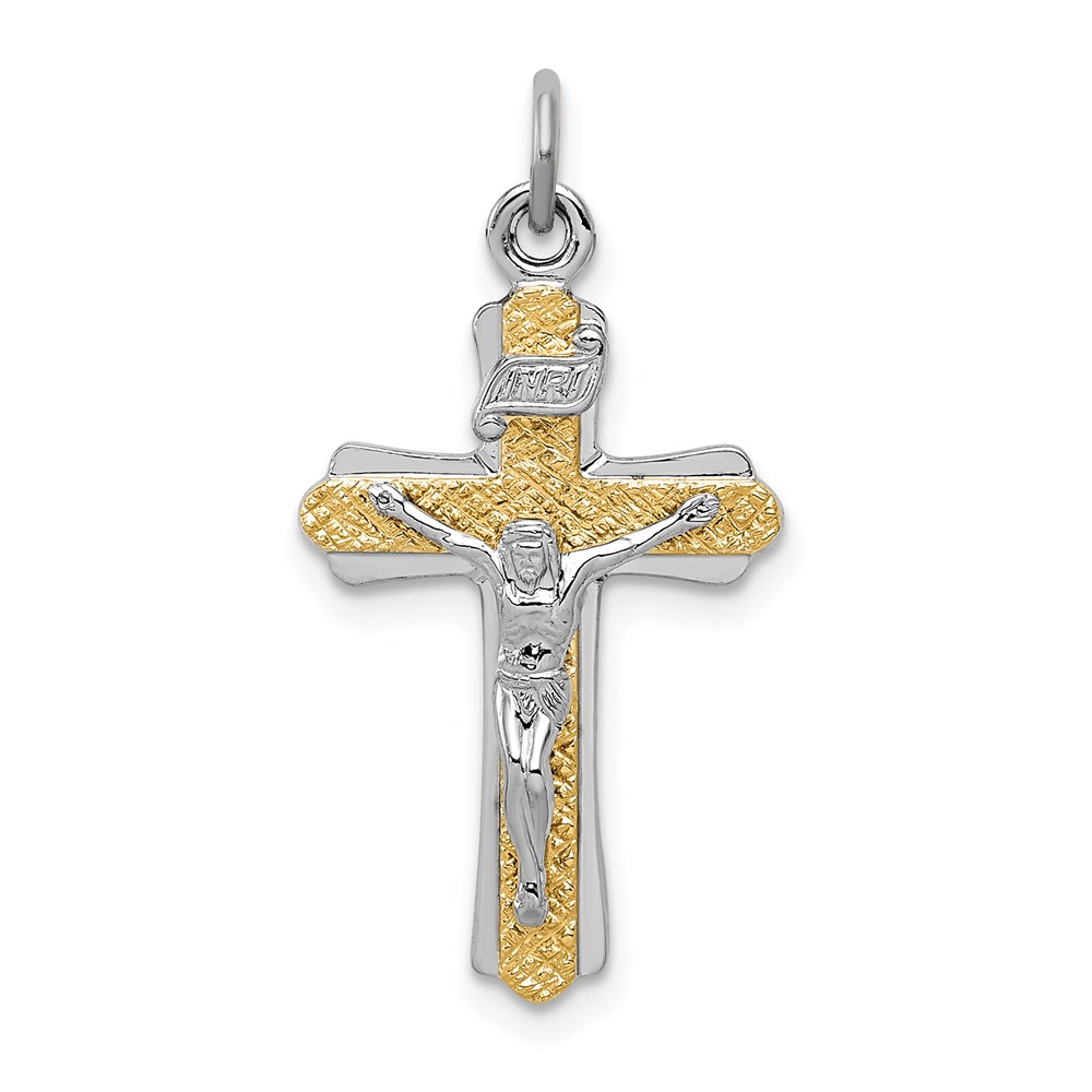 QC8298.jpg Sterling Silver Platinum-plated & Gold-tone INRI Crucifix Cross Pendant - Image 1