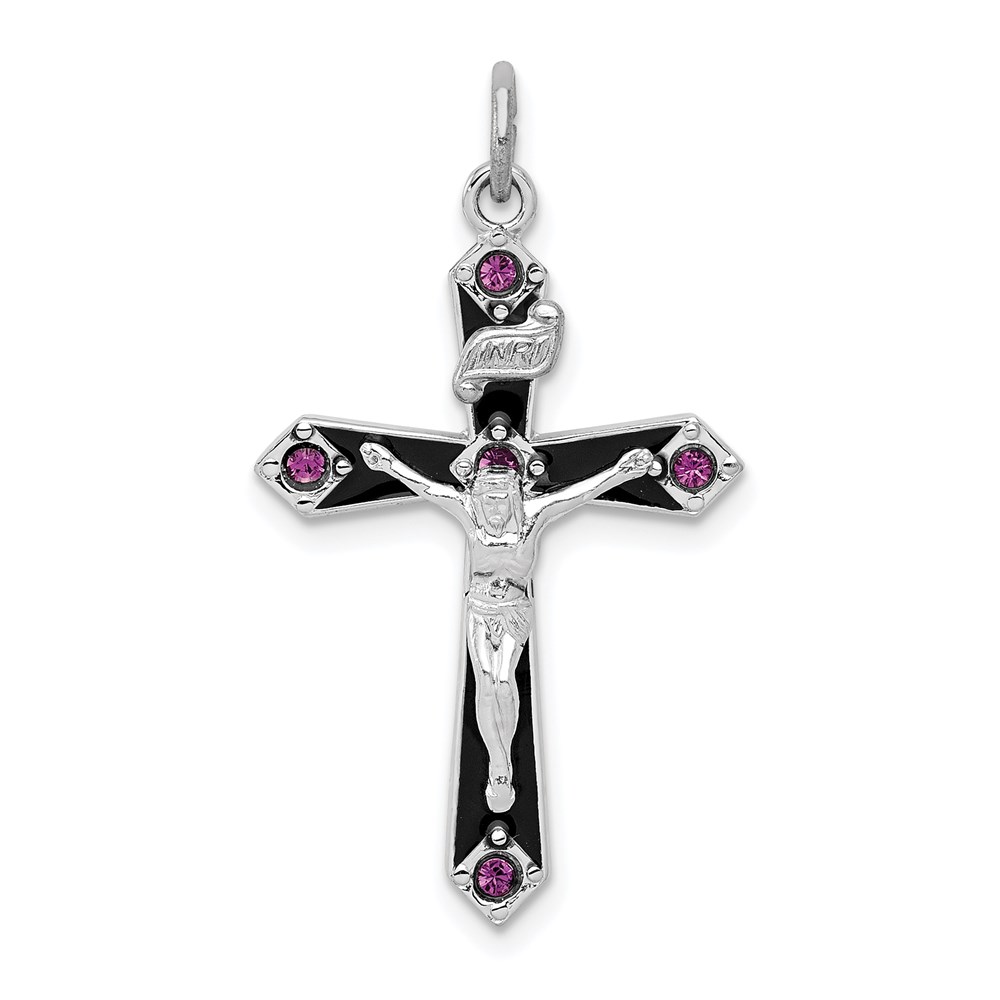 QC8299.jpg Sterling Silver Platinum-plated Black Epxy Purple CZ INRI Cross Pendant - Image 1