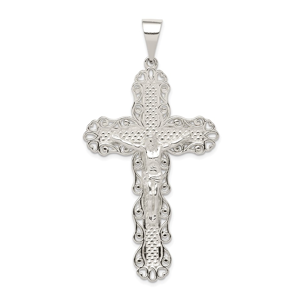 QC8324.jpg Sterling Silver Polished & Textured Large Floral Cross w/Jesus Pendant - Image 1
