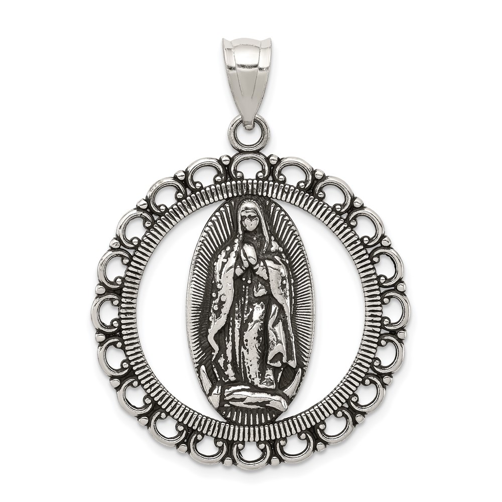 QC8371.jpg Sterling Silver Antiqued Religious Ruffled Circle Pendant - Image 1