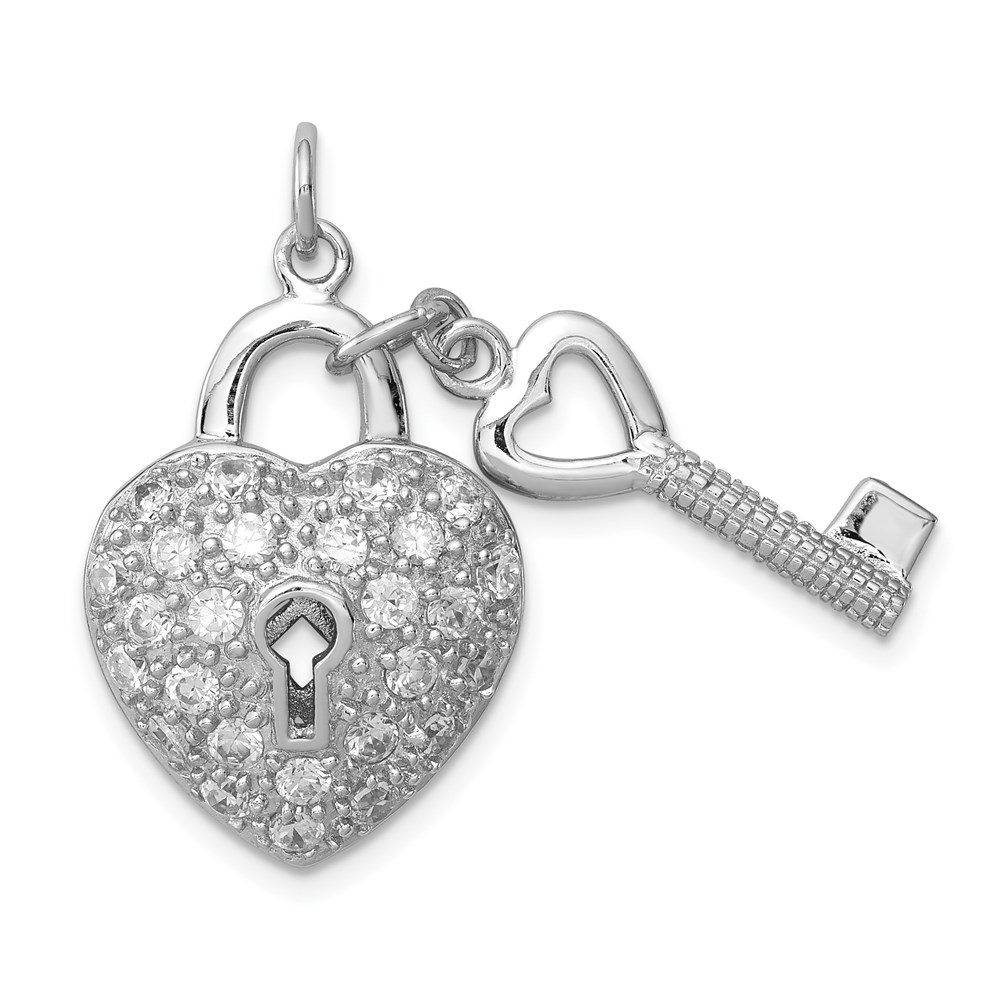 QC8515.jpg Sterling Silver Rhodium-plated CZ Heart Lock & Key Pendant - Image 1