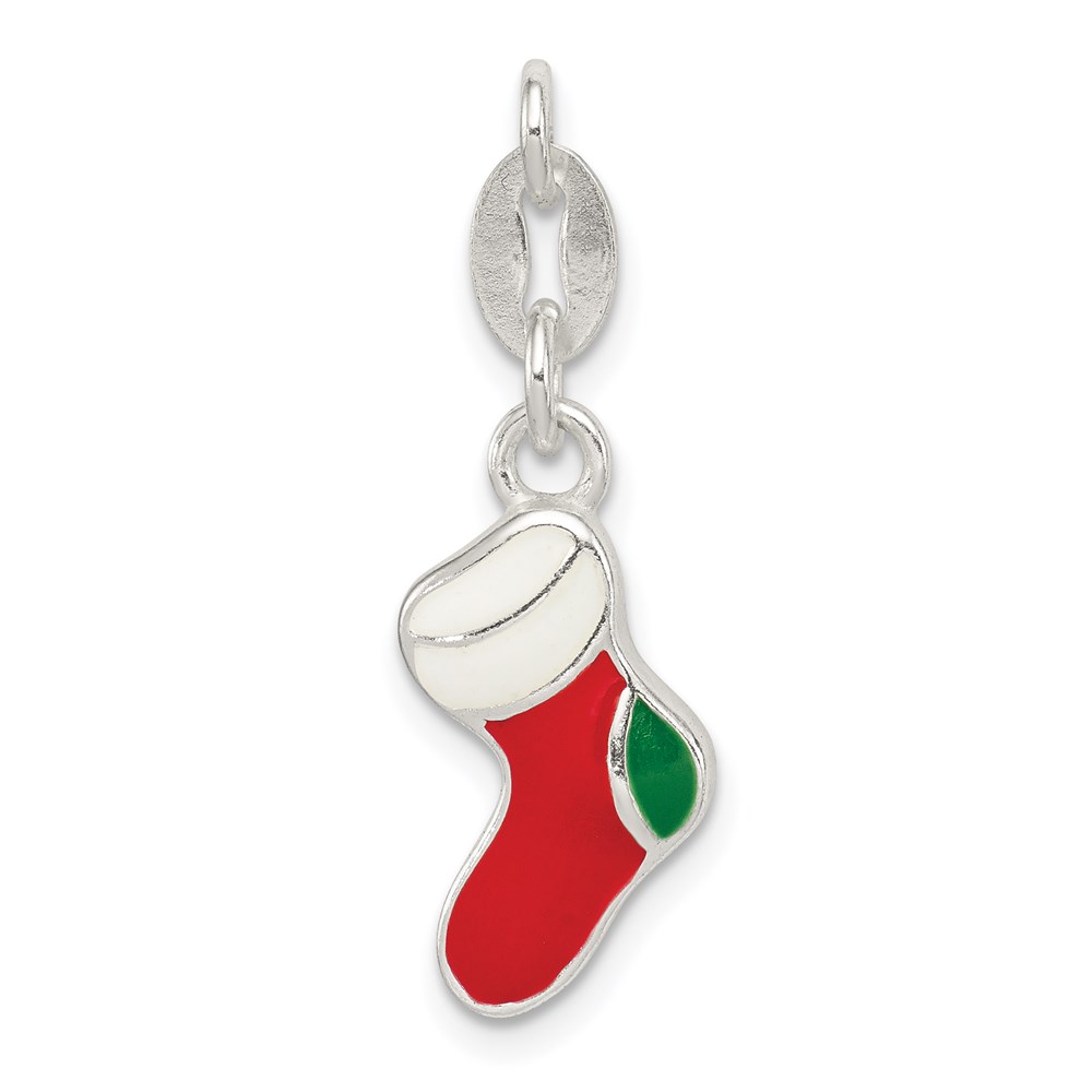 QC8614.jpg Sterling Silver Polished Enamel Christmas Stocking Charm - Image 1