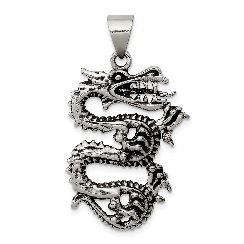 QC8966.jpg Sterling Silver Antiqued Dragon with Tongue Out Pendant - Image 1