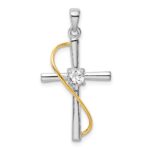 Sterling Silver Rhodium & Gold-tone Polished w/CZ Cross Pendant