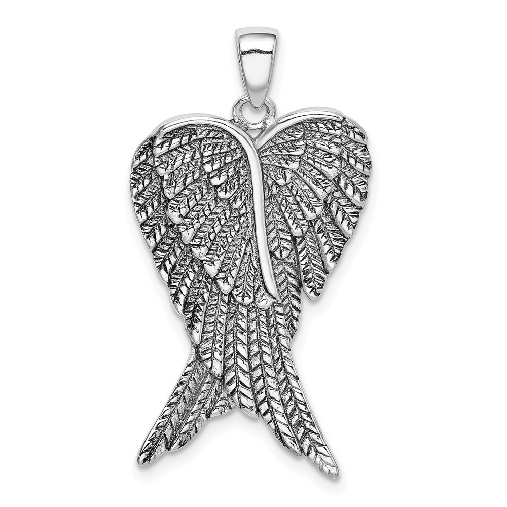 QC9141.jpg Sterling Silver Rhodium-plated Antiqued Angel Wing Pendant - Image 1