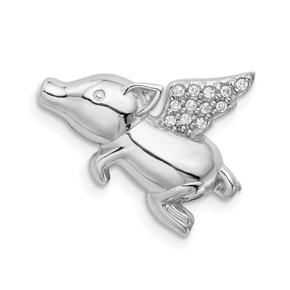 QC9311.jpg Sterling Silver Rhodium-plated Polished w/CZ Flying Pig Chain Slide - Image 1