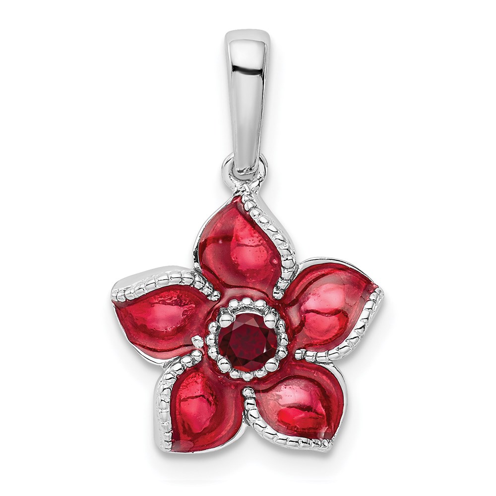 QC9315.jpg Sterling Silver Rhod-plated Created Ruby and Enamel Flower Pendant - Image 1