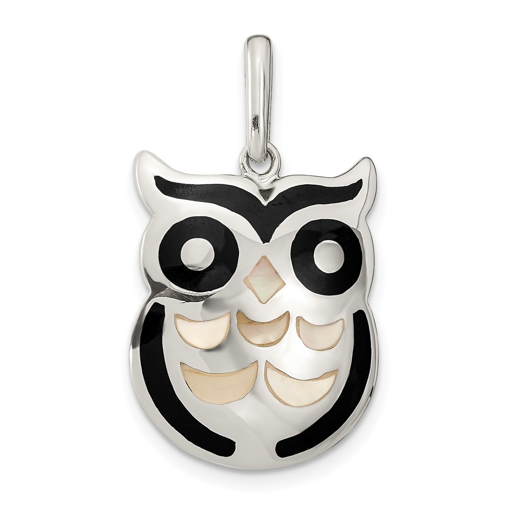 QC9332.jpg Sterling Silver MOP and Onyx Owl Pendant - Image 1