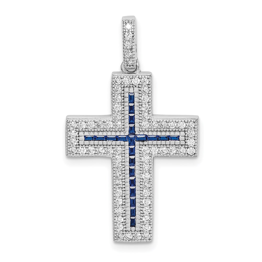 QC9386.jpg Sterling Silver Rhodium-plated CZ & Lab Cr. Blue Spinel Cross Pendant - Image 1