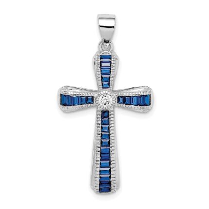 Sterling Silver Rhodium-plated CZ & Lab Cr. Blue Spinel Cross Pendant