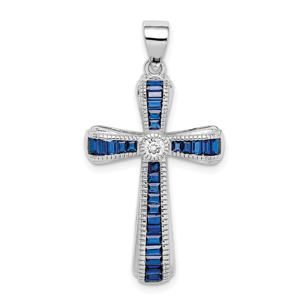 QC9398.jpg Sterling Silver Rhodium-plated CZ & Lab Cr. Blue Spinel Cross Pendant - Image 1
