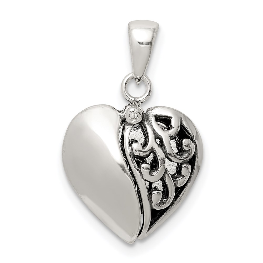 QC9463.jpg Sterling Silver Polished and Antiqued I LOVE YOU Message within a Decorative Scroll Patterned Moveable Opening Shell Heart Pendant - Image 1