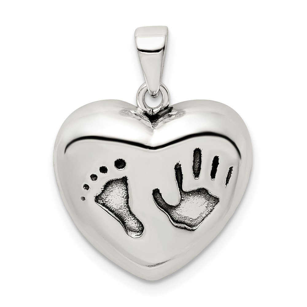 QC9512.jpg Sterling Silver Antiqued Heart Baby Foot Pendant - Image 1