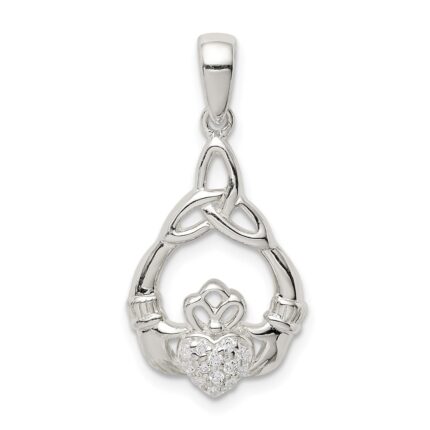 Sterling Silver Polished CZ Claddagh w/Trinity Knot Pendant