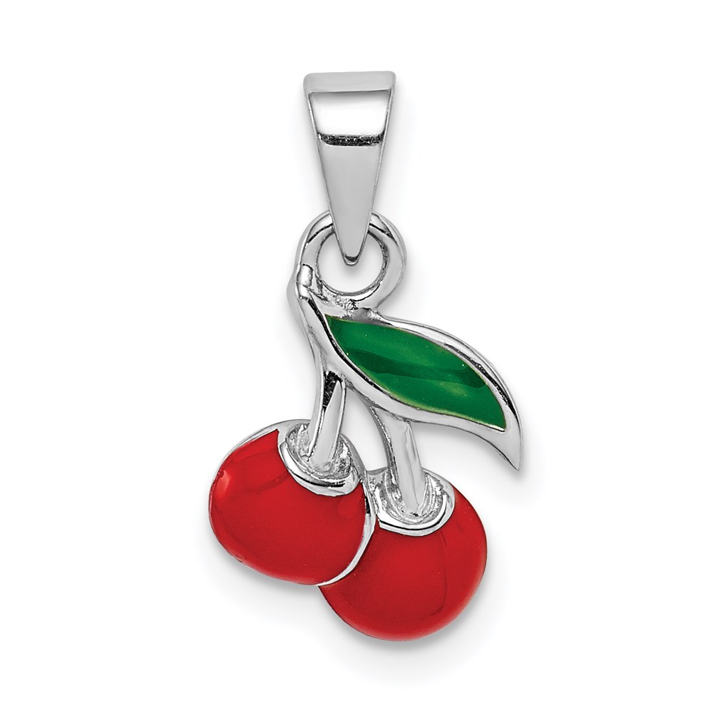QC9647.jpg Sterling Silver RH-plated Red & Green Enameled Cherry Children's Pendant - Image 1