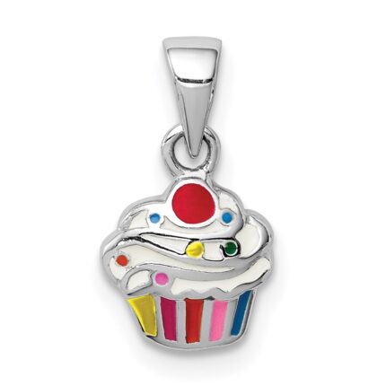Sterling Silver RH-plated Multi-color Enameled Cupcake Children's Pendant