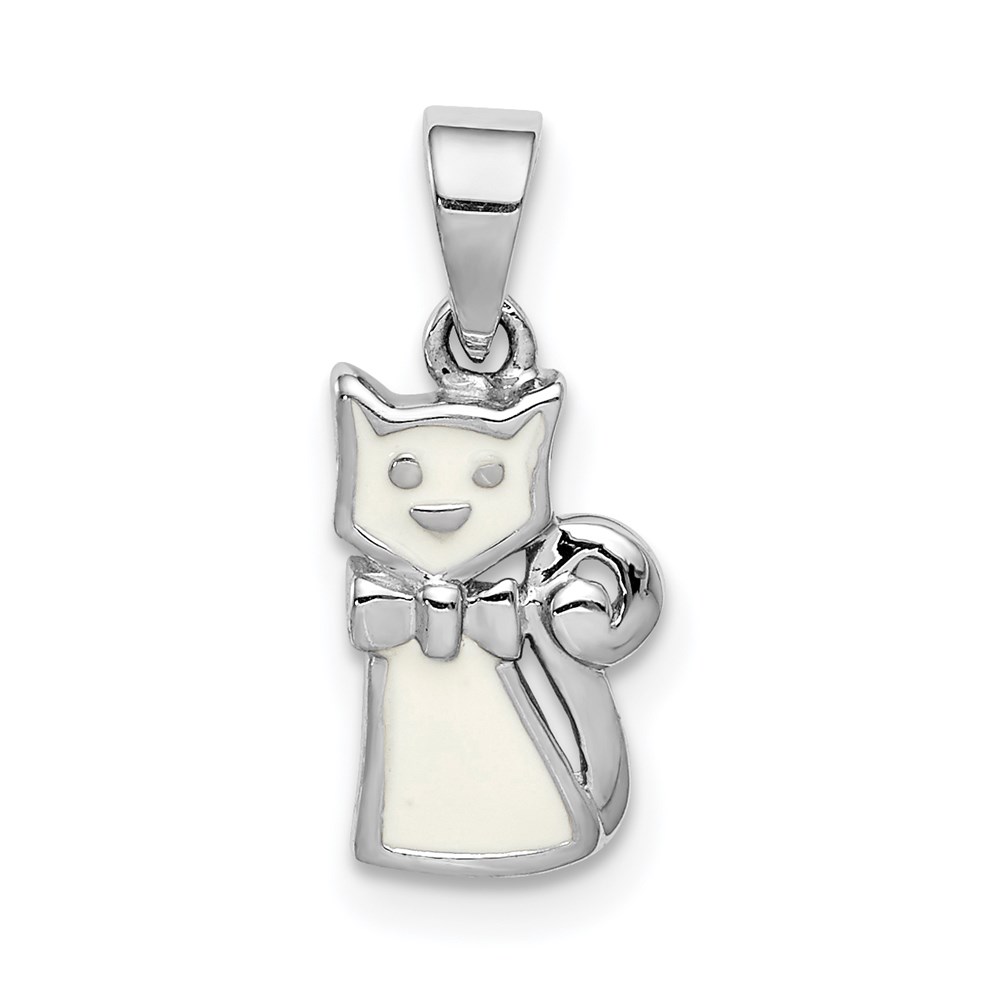QC9671.jpg Sterling Silver RH-plated Polished White Enameled Cat Children's Pendant - Image 1