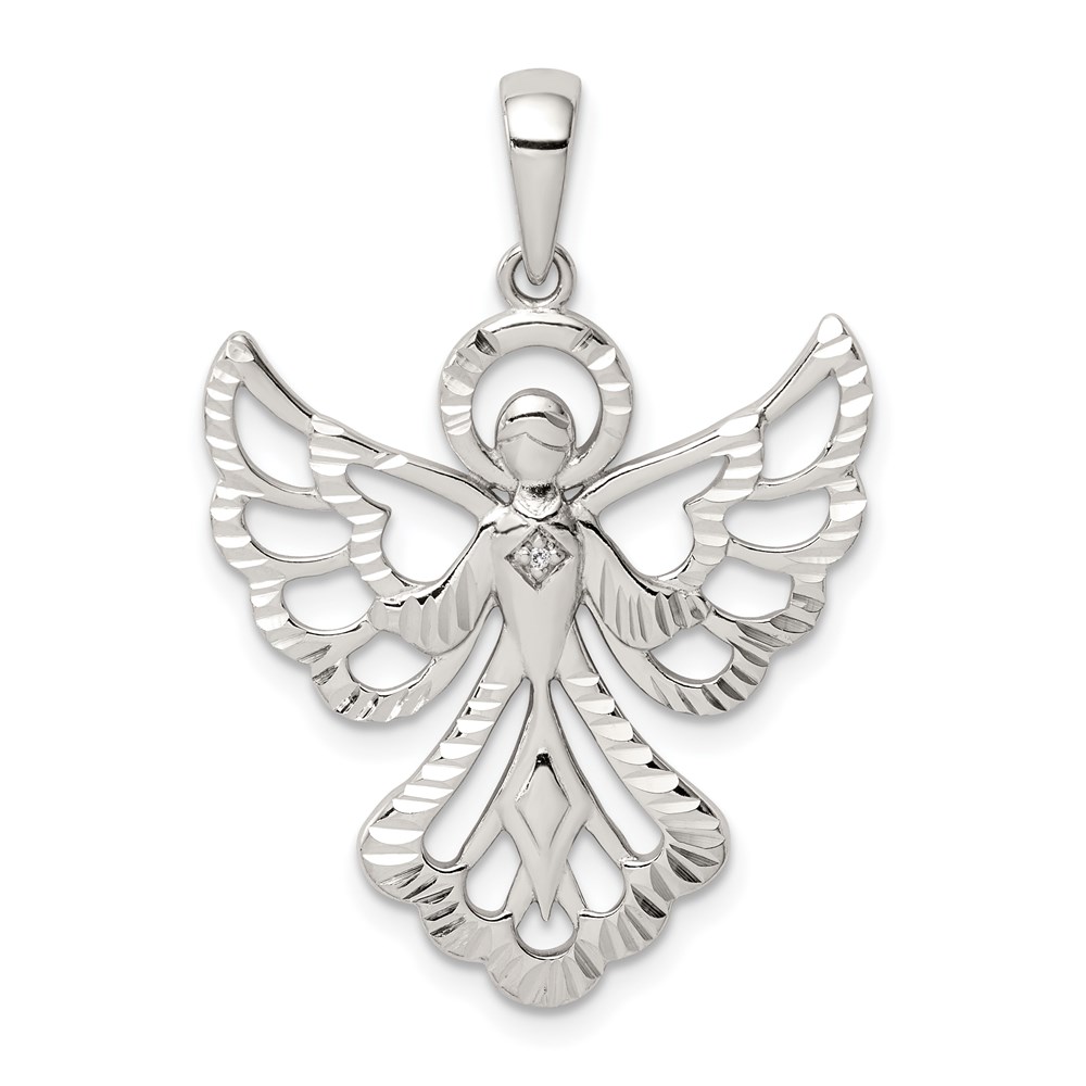 QC9714.jpg Sterling Silver Diamond & Diamond-cut Angel Pendant - Image 1