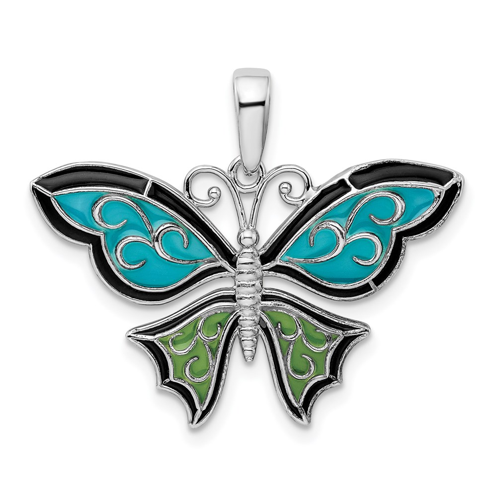 QC9774.jpg De-Ani Sterling Silver Rhodium-Plated Polished Enameled Aqua Butterfly Pendant - Image 1
