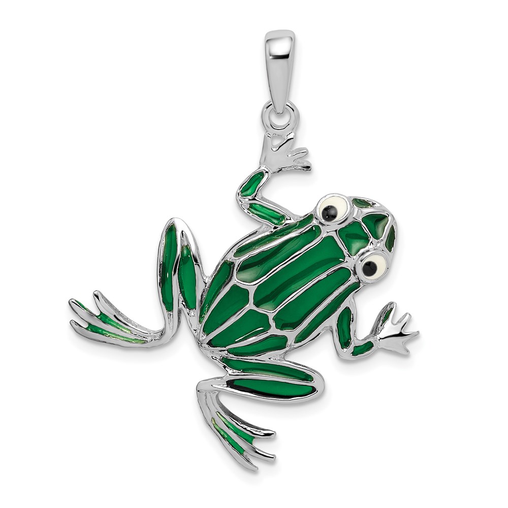 QC9776.jpg De-Ani Sterling Silver Rhodium-Plated Polished Enameled Green Frog Pendant - Image 1