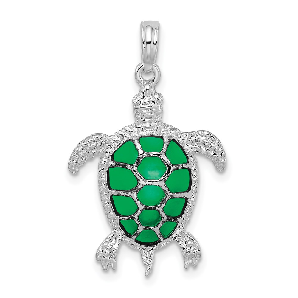 QC9780.jpg De-Ani Sterling Silver Rhodium-Plated Polished Enameled Green Sea Turtle Pendant - Image 1