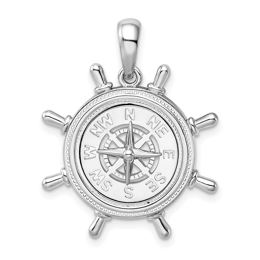 QC9810.jpg De-Ani Sterling Silver Rhodium-Plated Polished Ships Wheel with Compass Pendant - Image 1