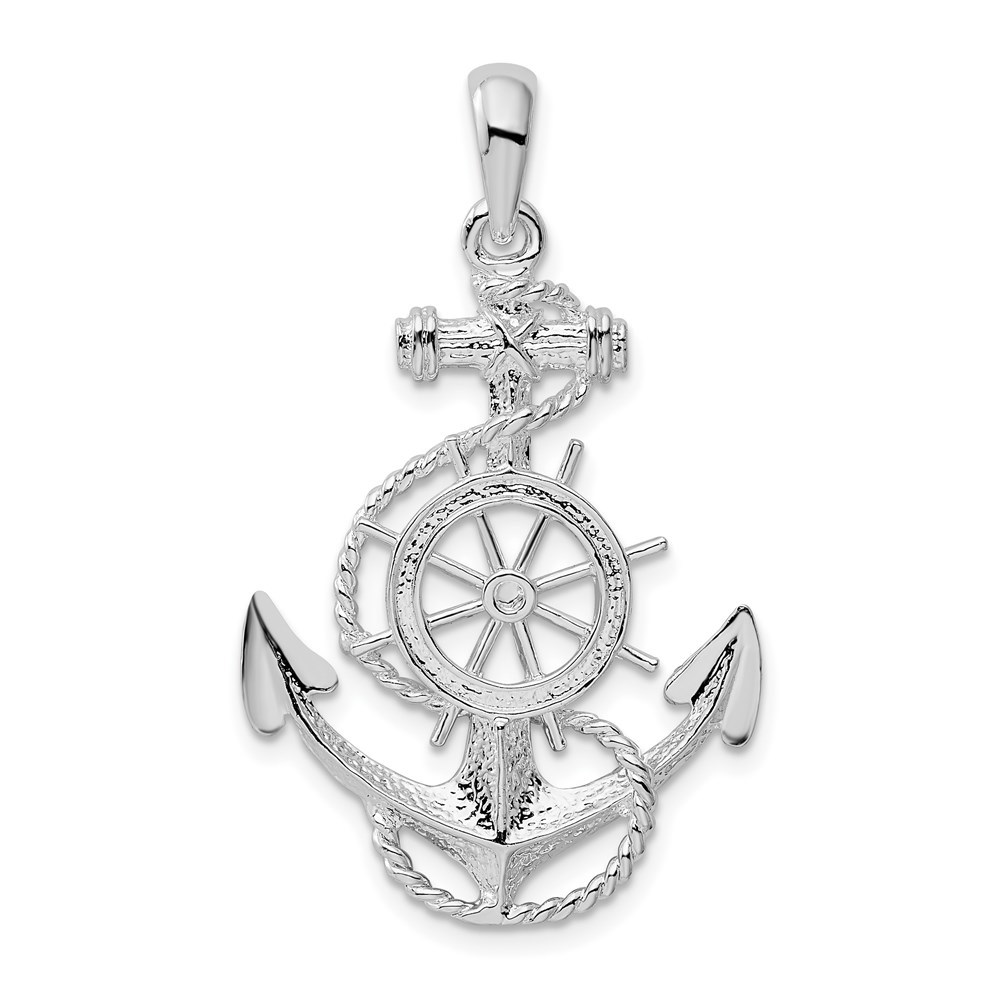 QC9874.jpg De-Ani Sterling Silver Rhodium-Plated Polished Anchor with Ships Wheel Pendant - Image 1