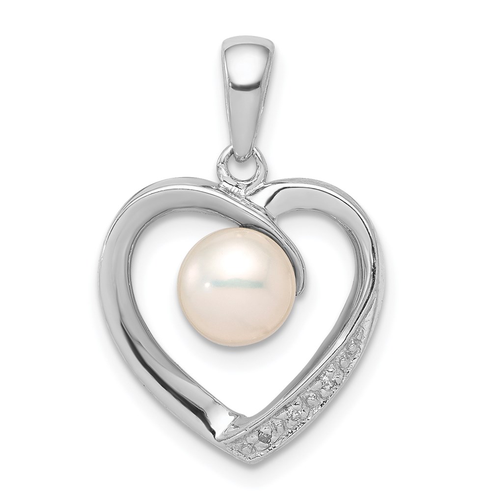 QDX301.jpg Sterling Silver Rhodium 6mm FW Cultured Pearl & Diamond Heart Pendant - Image 1