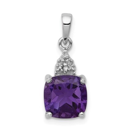 Sterling Silver Rhodium Plated Amethyst and Diamond Pendant