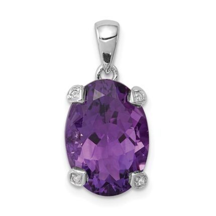 Sterling Silver Rhodium Plated Amethyst and Diamond Pendant