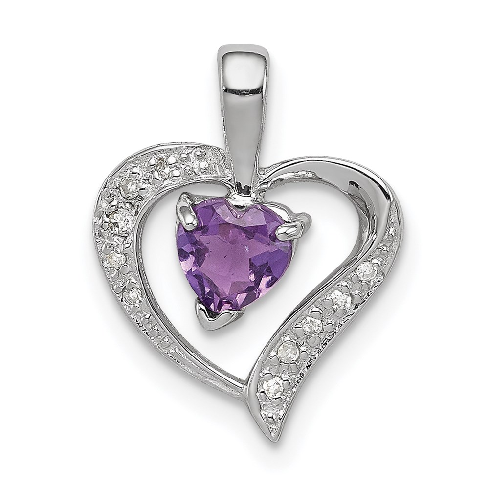 QDX412.jpg Sterling Silver Rhodium Plated Amethyst and Diamond Heart Pendant - Image 1