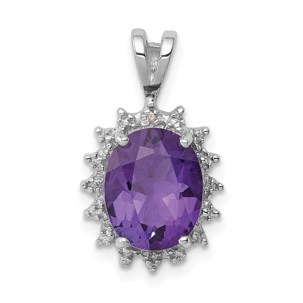 QDX413.jpg Sterling Silver Rhodium Plated Oval Amethyst and Diamond Pendant - Image 1