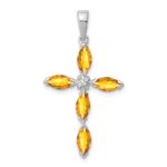 Sterling Silver Rhodium Citrine & Diamond Cross Pendant