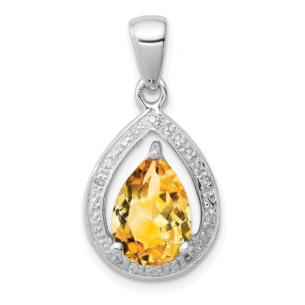 Sterling Silver Rhodium Citrine & Diamond Pendant