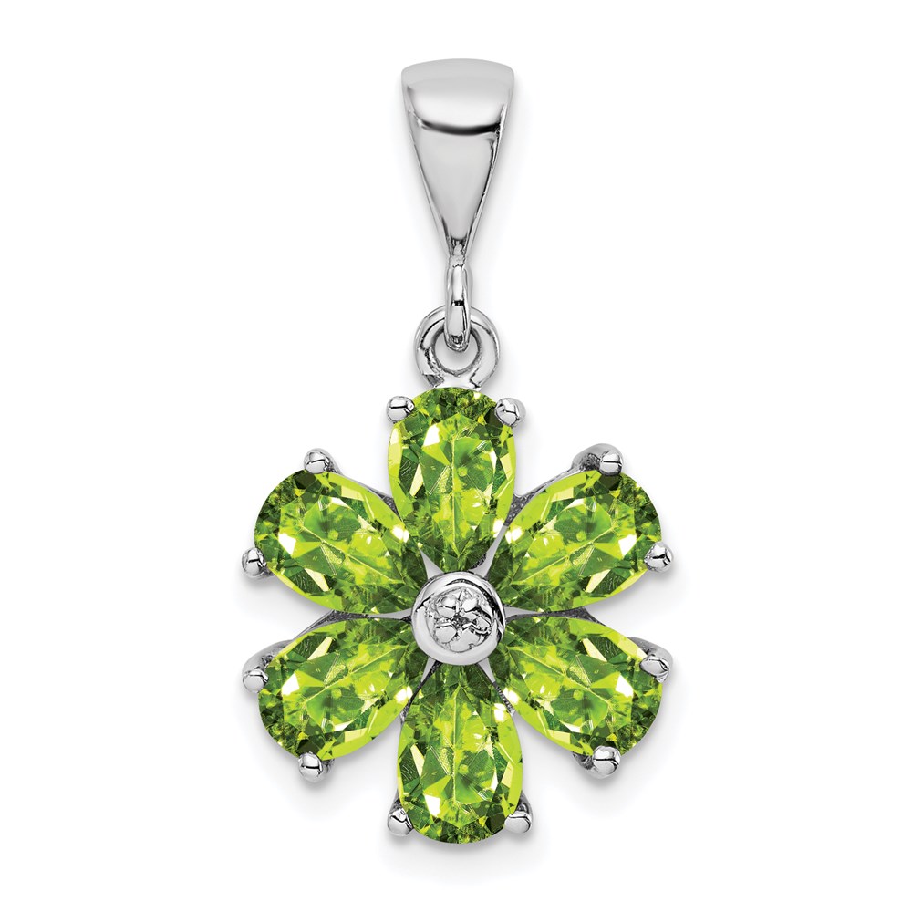 QDX816.jpg Sterling Silver Rhodium Plated Peridot and Diamond Flower Pendant - Image 1