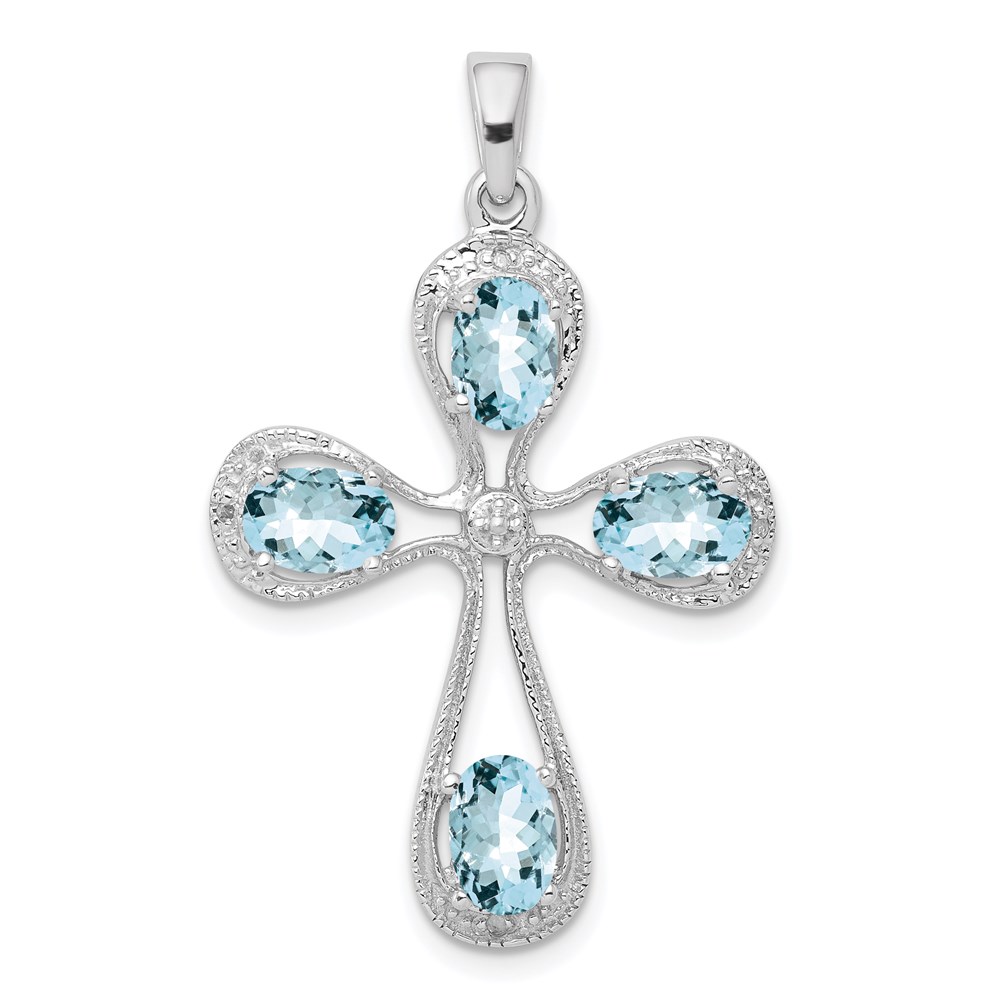 QDX885.jpg Sterling Silver Rhodium-plated Aquamarine & Diamond Cross Pendant - Image 1