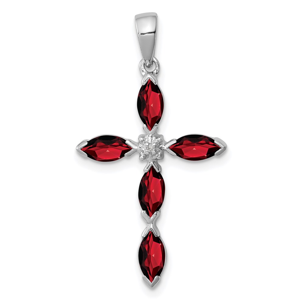 QDX904.jpg Sterling Silver Rhodium Garnet & Diamond Cross Pendant - Image 1
